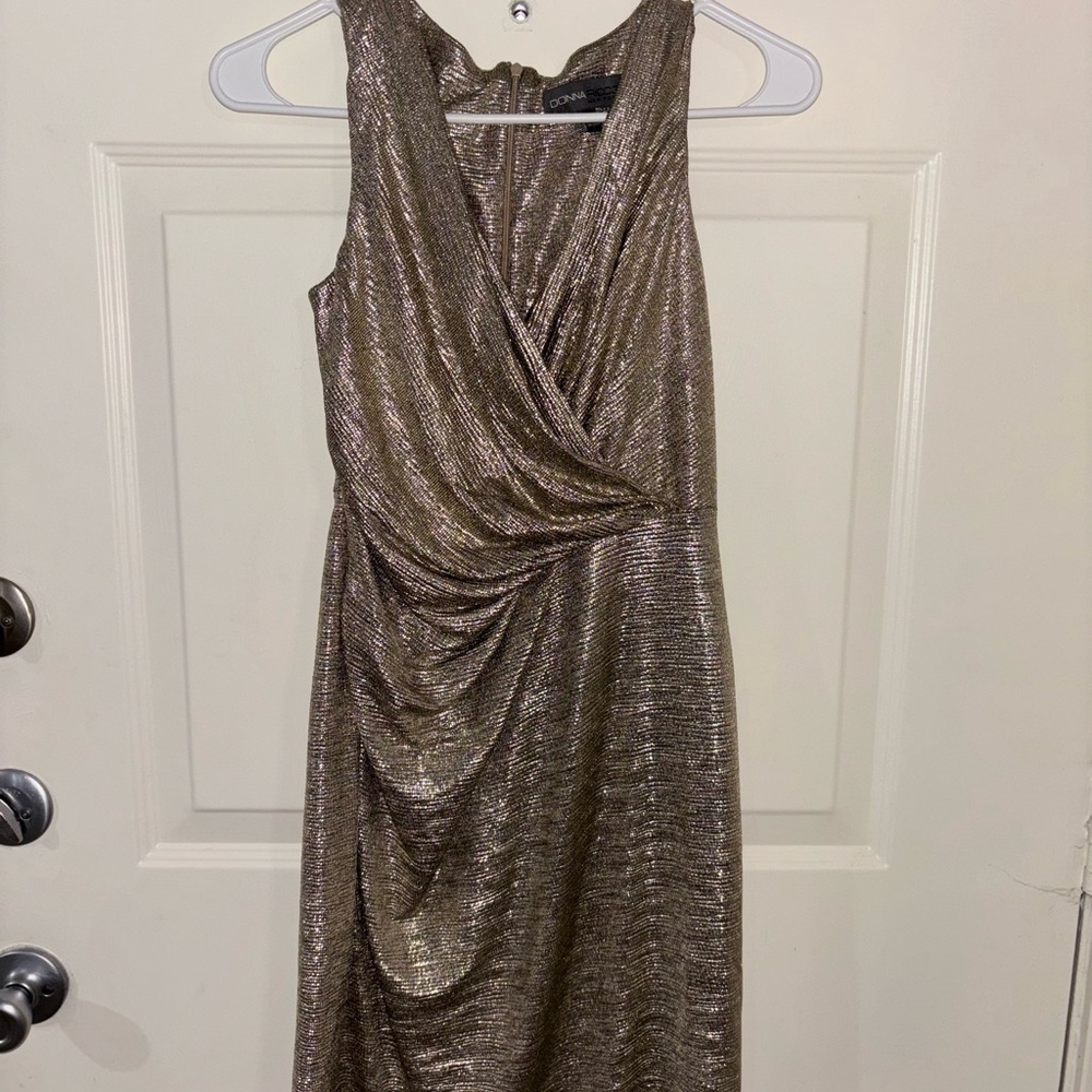 Donna Ricco Metallic Gold Draped Midi Dress